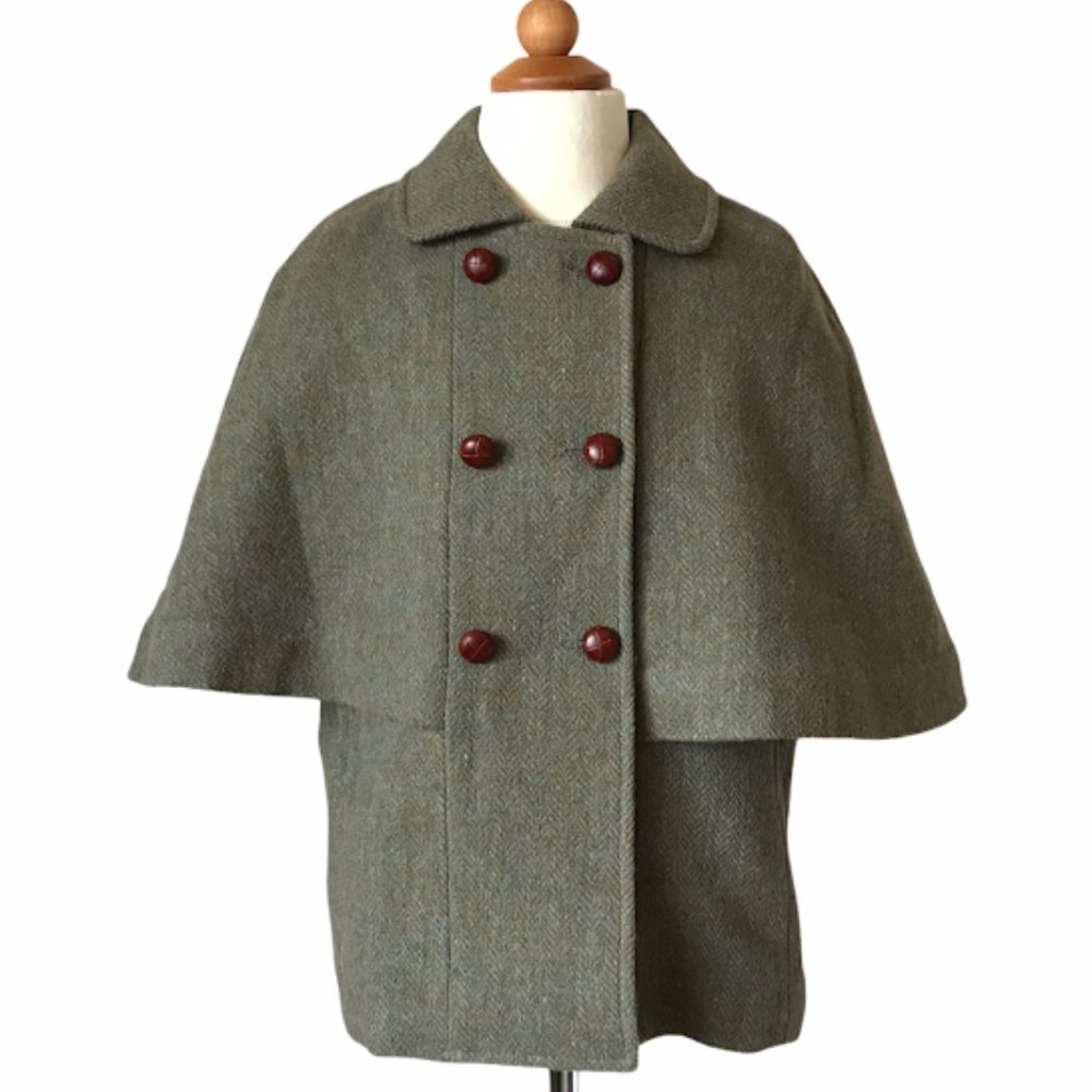 Tweed wool green kids cape coat